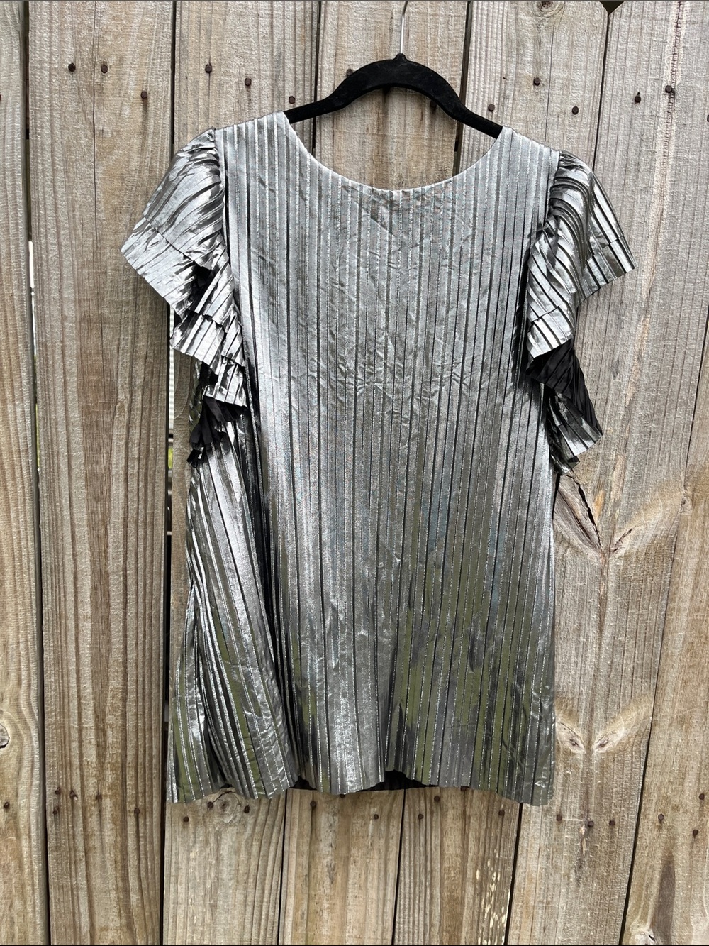 Shimmery Silver Pleated Ruffle Sleeve Blouse - Women